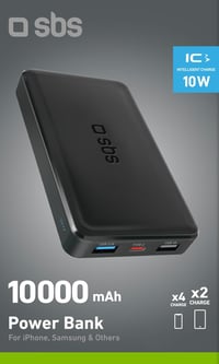 Prenosná nabíjačka SBS PowerBank 10K Slim 10000mAh s rýchlym nabíjaním, Intelligent Charge (IC), konektormi USB-C a 2x USB-A, čierna 10