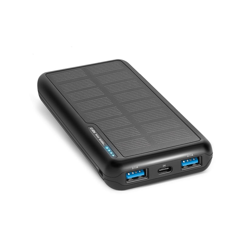 Baterie externă solară SBS 10000 mAh cu încărcare rapidă, conector USB-C și 2x USB-A, acumulator portabil compact pentru călătorii, negru