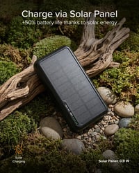 Baterie externă solară SBS 10000 mAh cu încărcare rapidă, conector USB-C și 2x USB-A, acumulator portabil compact pentru călătorii, negru 5