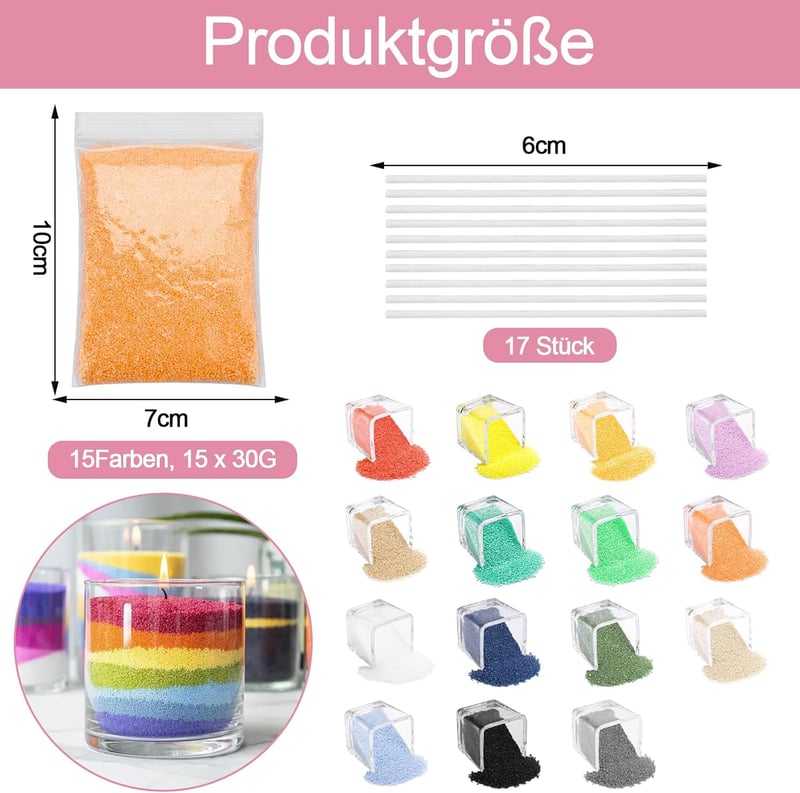 Scentoria Gyertya Készítő Szett 17 Kanóccal, 15 Szín, 450g Paraffinviasz - 15 colours 450 g candle sand with wick