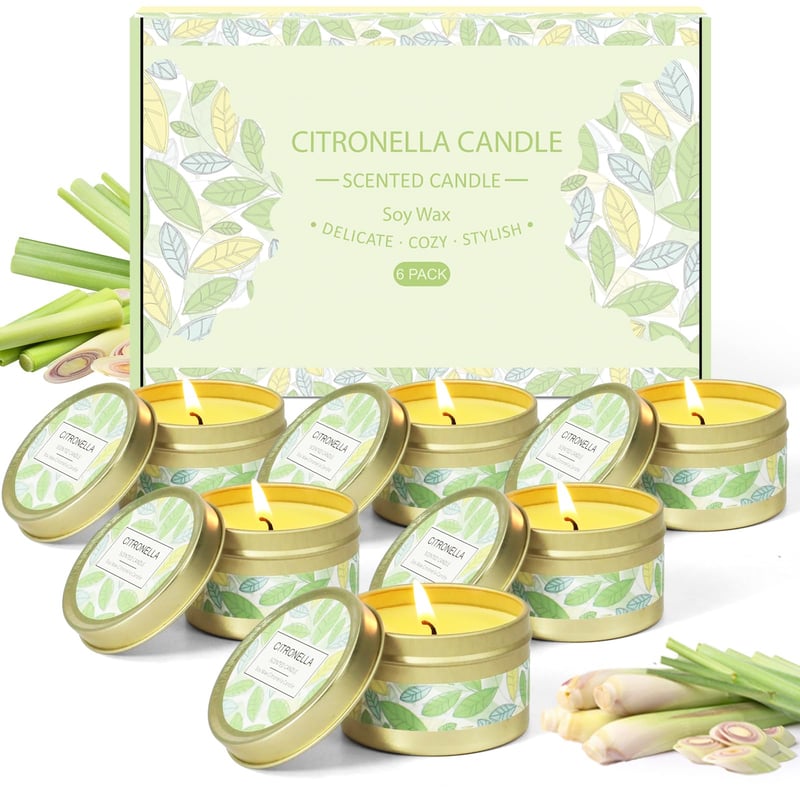 Sada 6 kusov vonných sviečok SCENTORINI s citronelou na vonkajšie použitie – Z prírodného sójového vosku – Do záhrady, na balkón, na terasu – 40x60 mm