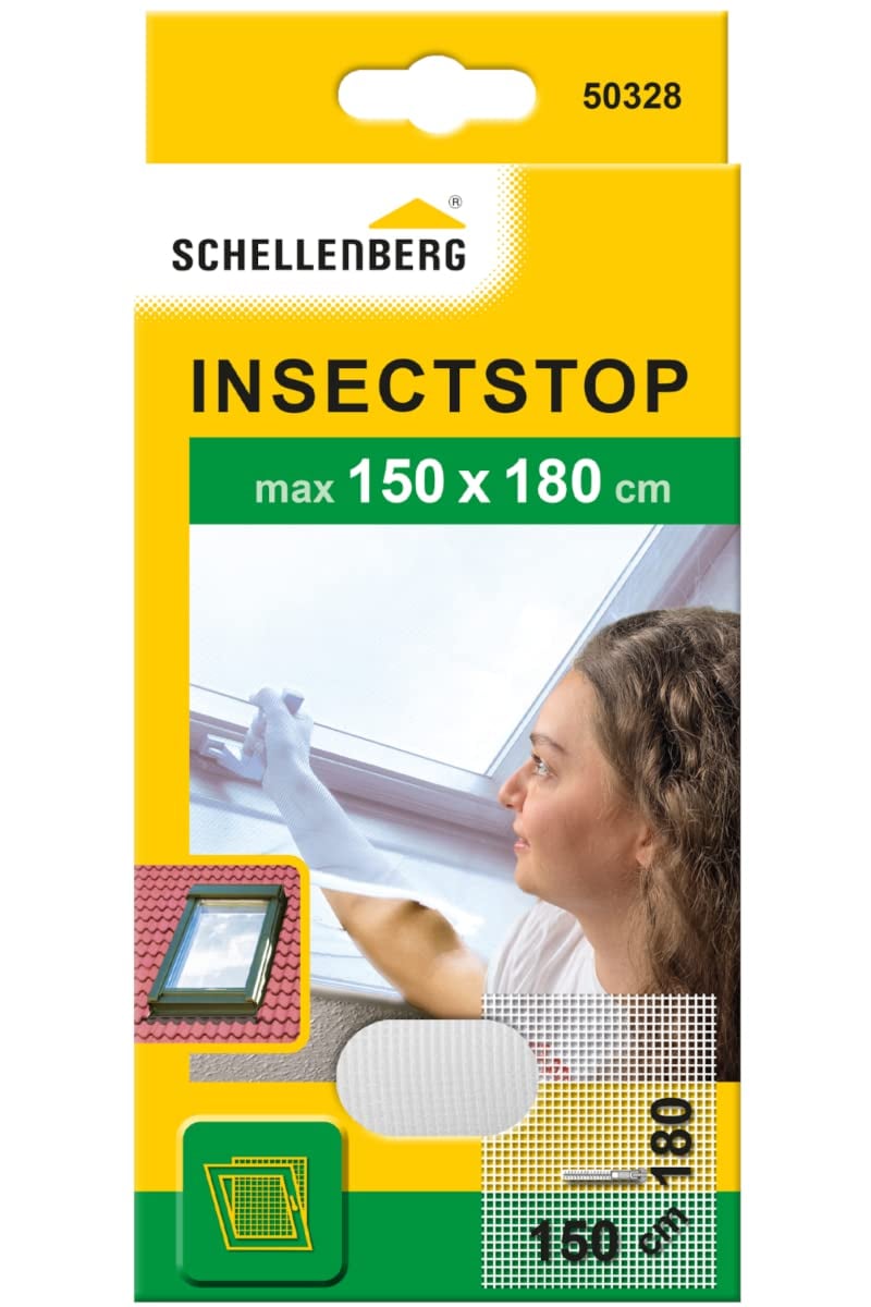 Plasă de insecte pentru fereastră de mansardă Schellenberg 50328 cu fermoar, 150x180 cm, albă, fixare fără găurire, cu bandă adezivă, rezistentă la UV