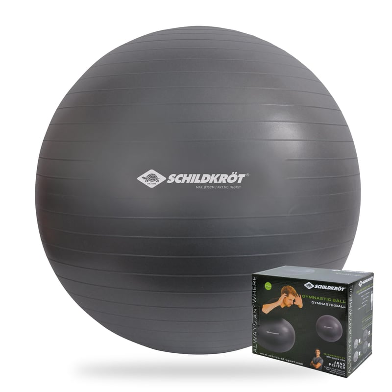 Gymnastická lopta Schildkröt 75 cm, antracitová – joga, rovnováha, fyzioterapia a sedenie v kancelárii, max. nosnosť 120 kg, vrátane pumpy