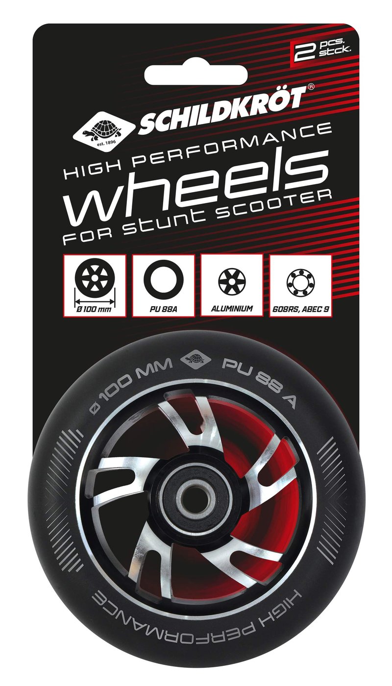Set 2 roți de schimb pentru trotinetă freestyle Schildkröt High Performance, 100 mm, poliuretan duritate 88A, jantă aluminiu, rulmenți ABEC9