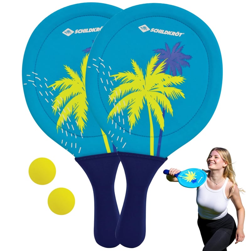 Set de Beachball din neopren Schildkröt - 2 palete, 2 mingi, husă din plasă, material neopren flexibil, elasticitate ridicată, joc de plajă și grădină pentru întreaga familie