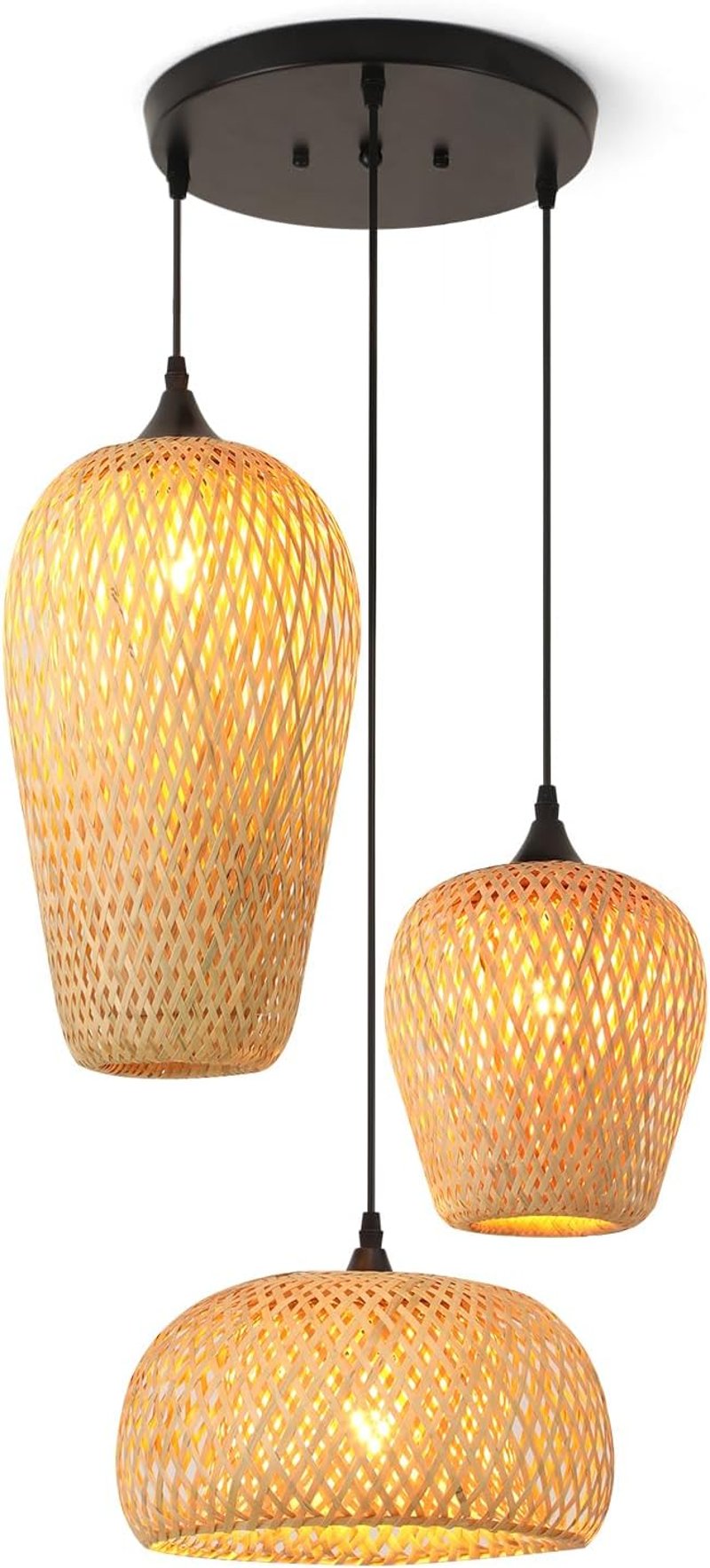 Schindora Bambusz boho 3 izzós függőlámpa, kézzel szőtt fonott lámpabúra, E27, természetes, étkező konyha nappali hálószoba