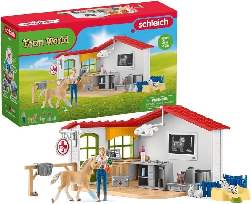 SCHLEICH Farm World Állatorvosi Rendelő Játékszett 43 Darabos - Állatorvossal, Lófigurával és Háziállatokkal, 3-8 Éves Gyerekeknek