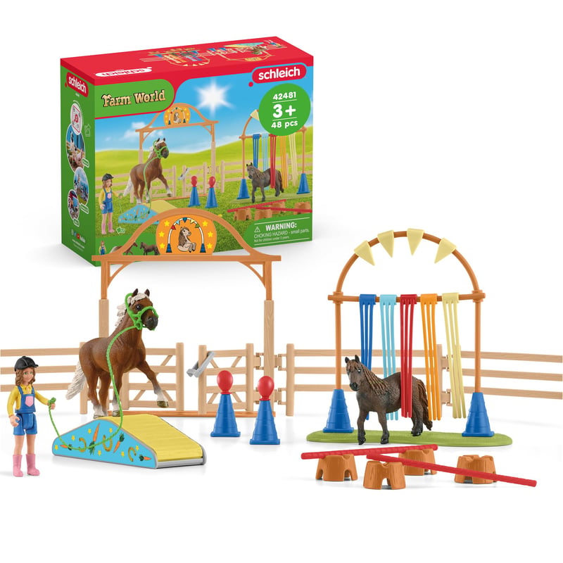 Schleich Farm World Pony Agility Starter Set 42481 – Set de joacă cu 2 ponei, traseu cu obstacole și accesorii, 48 piese, de la 3 ani