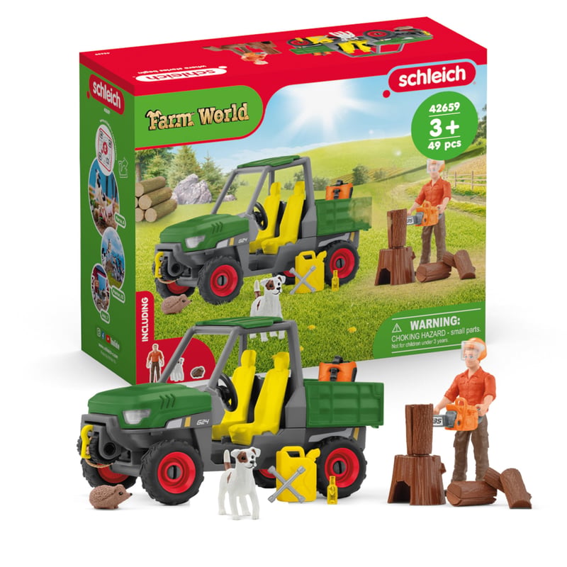 Set de joacă Schleich Farm World Forest Farmer cu vehicul 42659 – Fermierul Paul, câine, vehicul de teren și accesorii, 49 piese, de la 3 ani
