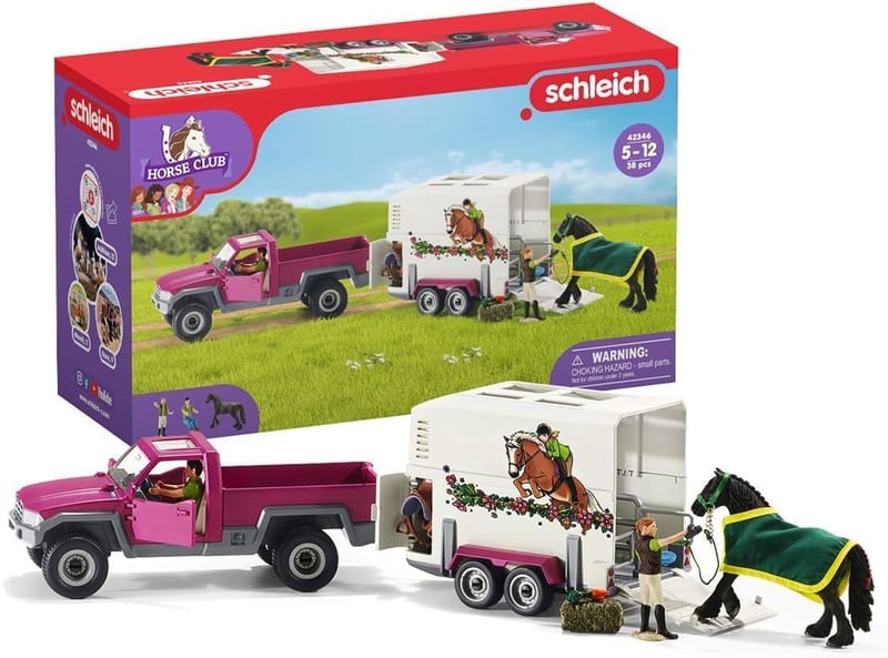 Herná súprava Schleich Horse Club Pick-up s prívesom pre kone 42346 – 38 dielov, auto, príves, kôň, 2 figúrky a doplnky, od 5 rokov
