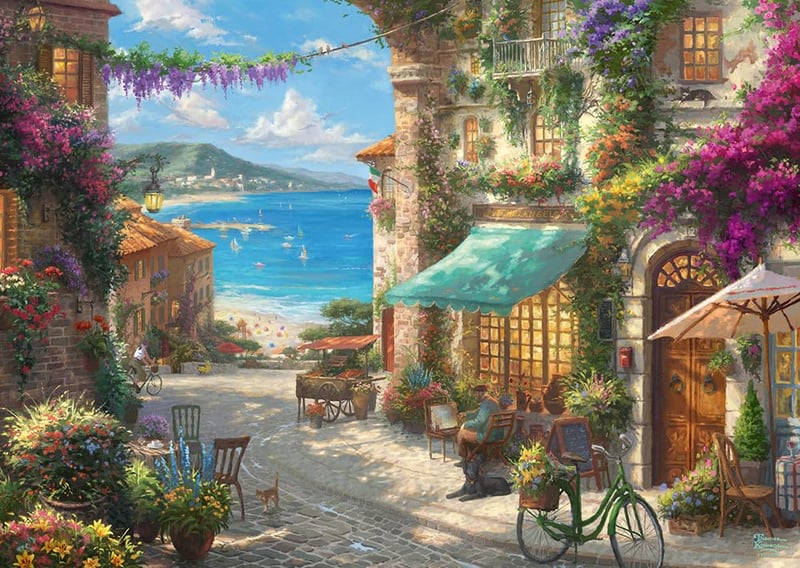 Schmidt Spiele 59624 Thomas Kinkade Kaviareň na Talianskej riviére, 1000-dielne puzzle pre dospelých