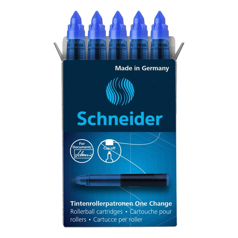 Náhradná atramentová náplň do rollera Schneider One Change, modrá, 5 ks – nezmazateľný, trvácny atrament, 185403