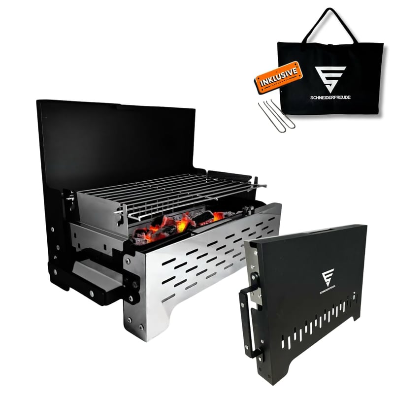 SCHNEIDERFREUDE Klappgrill 2.0 sklopivi roštilj za kampiranje, podesiv po visini, s torbom - crni