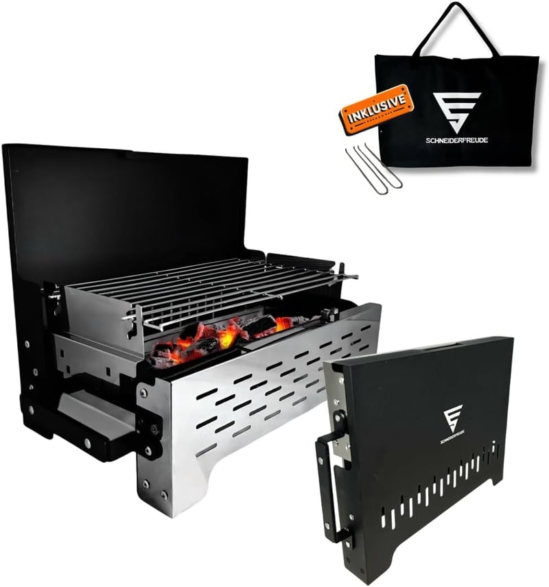 SCHNEIDERFREUDE Összecsukható Camping Grill Magasságállítható Grillezéshez Táskával