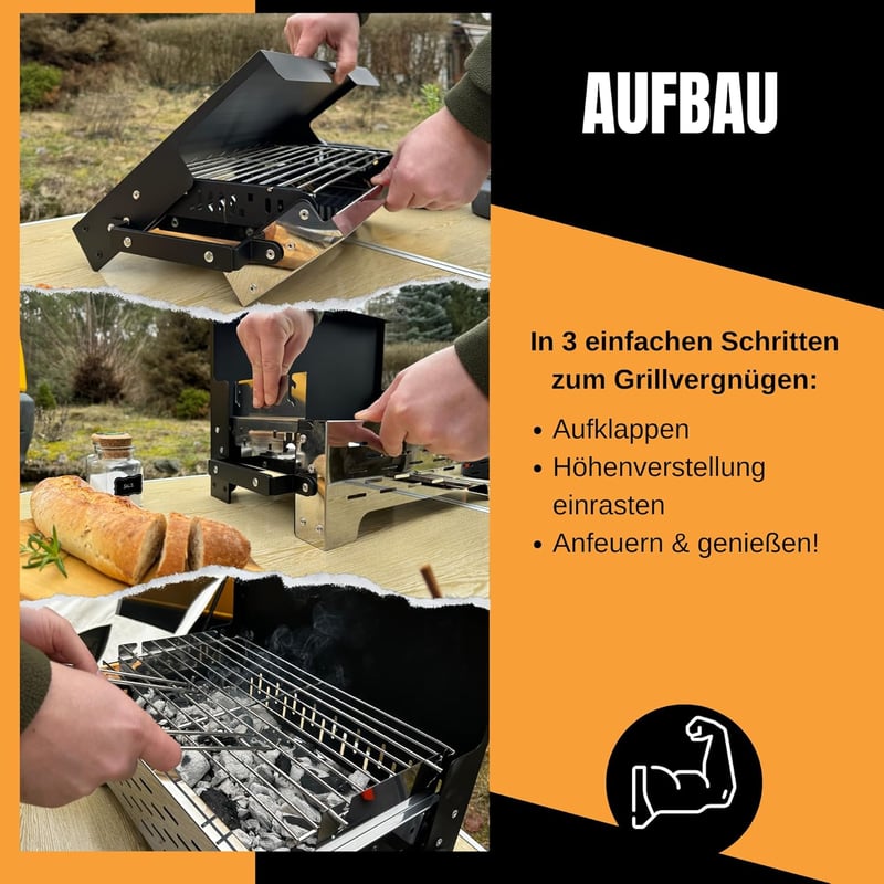 SCHNEIDERFREUDE Összecsukható Camping Grill Magasságállítható Grillezéshez Táskával