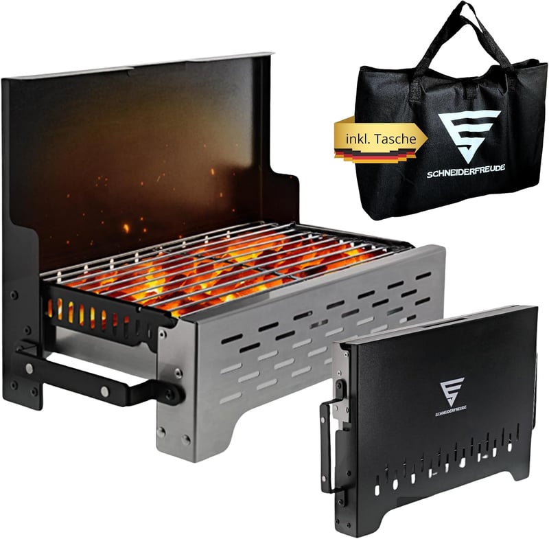 SCHNEIDERFREUDE összecsukható kempinggrill táskával, faszenes asztali BBQ - 49x26x33 cm