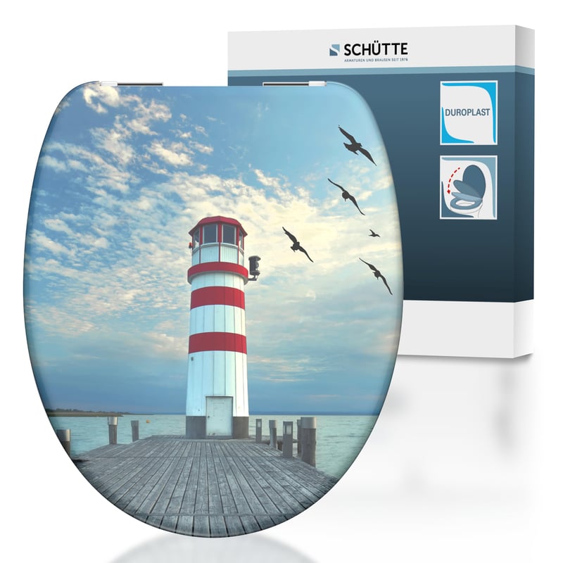 WC sedadlo Schütte LEUCHTTURM s mechanizmom pomalého sklápania, z duroplastu, s motívom majáka