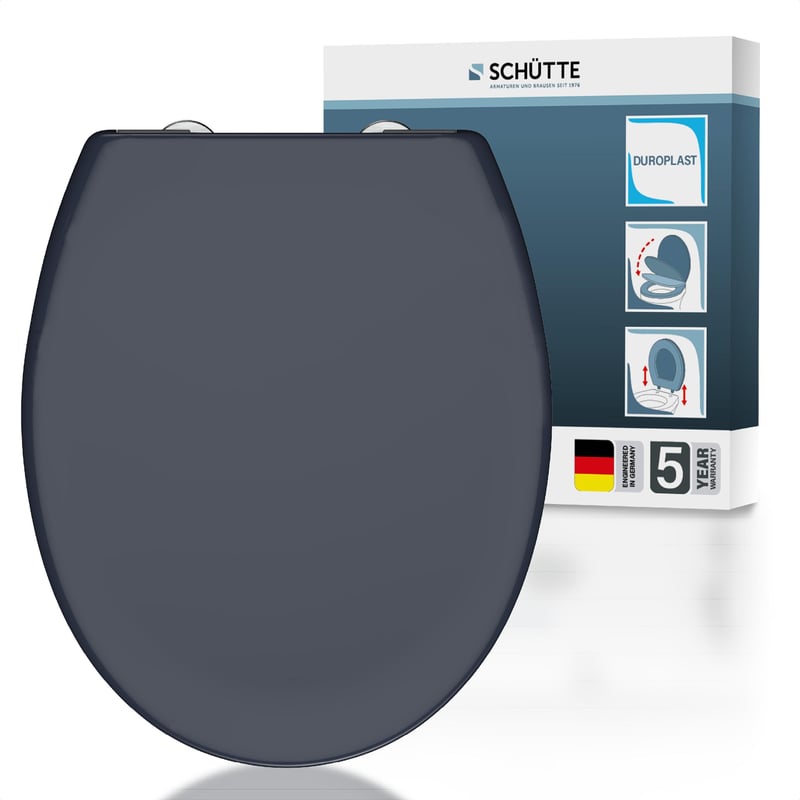 Capac WC oval Schütte cu funcție Soft-Close, Antracit, capac din Duroplast detașabil, montaj cu pad adeziv DIY, capacitate portantă 200 kg