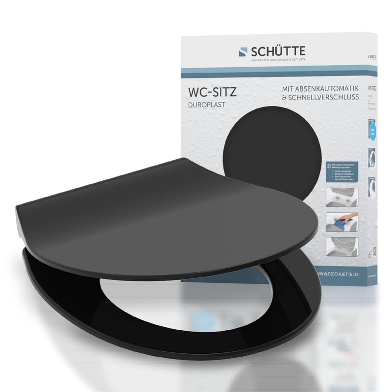 WC sedadlo Schütte SLIM BLACK 82710 z duroplastu, s pomalým sklápaním, odnímateľné, čierne, vhodné na väčšinu toaletných mís