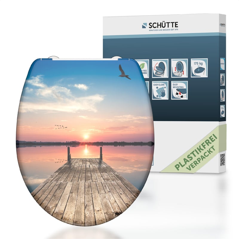 Capac WC Schütte SUNSET din duroplast cu mecanism de închidere lentă și sistem de eliberare rapidă, capacitate portantă 175 kg, capac WC cu model