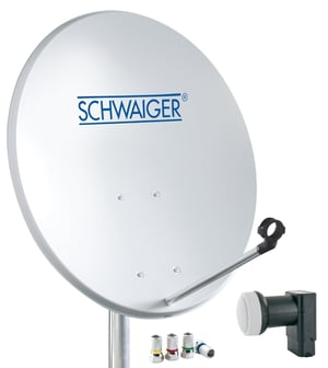 SCHWAIGER -470- Set antenă satelit | Antenă parabolică din oțel 55 cm | Twin LNB | 2 utilizatori | 8 conectori F | 7 mm | 55x62 cm | gri deschis