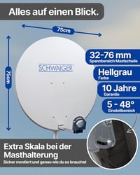 SCHWAIGER 80 cm acél offset műholdas antenna multifeed világosszürke LNB tartó karral és oszlopbilinccsel 38,5 dB 6