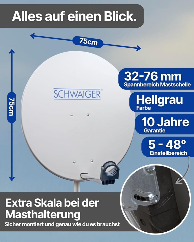 SCHWAIGER 80 cm acél offset műholdas antenna multifeed világosszürke LNB tartó karral és oszlopbilinccsel 38,5 dB