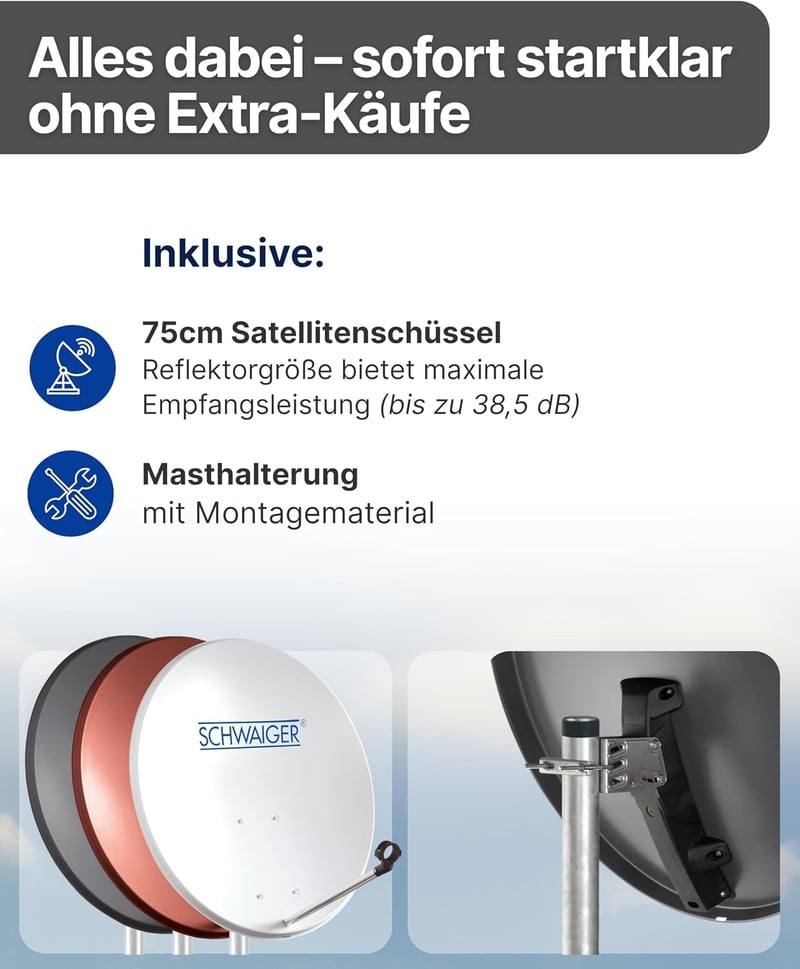 SCHWAIGER 80 cm acél offset műholdas antenna multifeed világosszürke LNB tartó karral és oszlopbilinccsel 38,5 dB