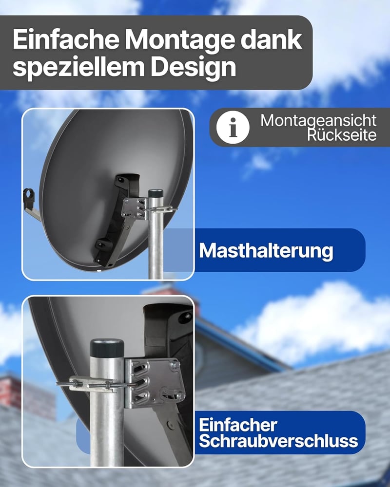 SCHWAIGER 80 cm acél offset műholdas antenna multifeed világosszürke LNB tartó karral és oszlopbilinccsel 38,5 dB