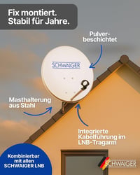 SCHWAIGER 80 cm acél offset műholdas antenna multifeed világosszürke LNB tartó karral és oszlopbilinccsel 38,5 dB 5