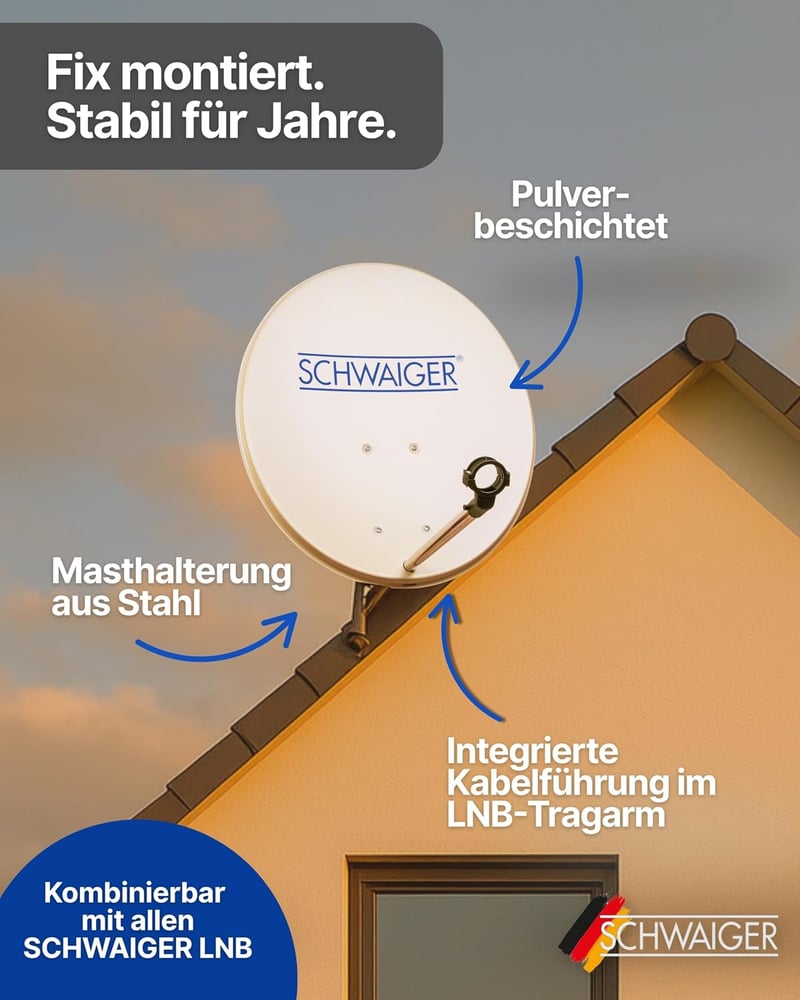 SCHWAIGER 80 cm acél offset műholdas antenna multifeed világosszürke LNB tartó karral és oszlopbilinccsel 38,5 dB