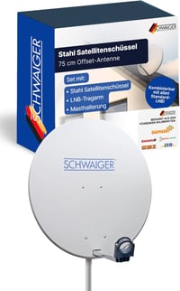 SCHWAIGER 80 cm acél offset műholdas antenna multifeed világosszürke LNB tartó karral és oszlopbilinccsel 38,5 dB 1
