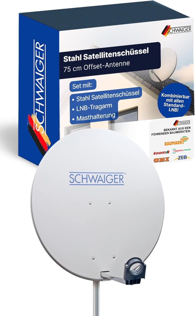 SCHWAIGER 80 cm acél offset műholdas antenna multifeed világosszürke LNB tartó karral és oszlopbilinccsel 38,5 dB