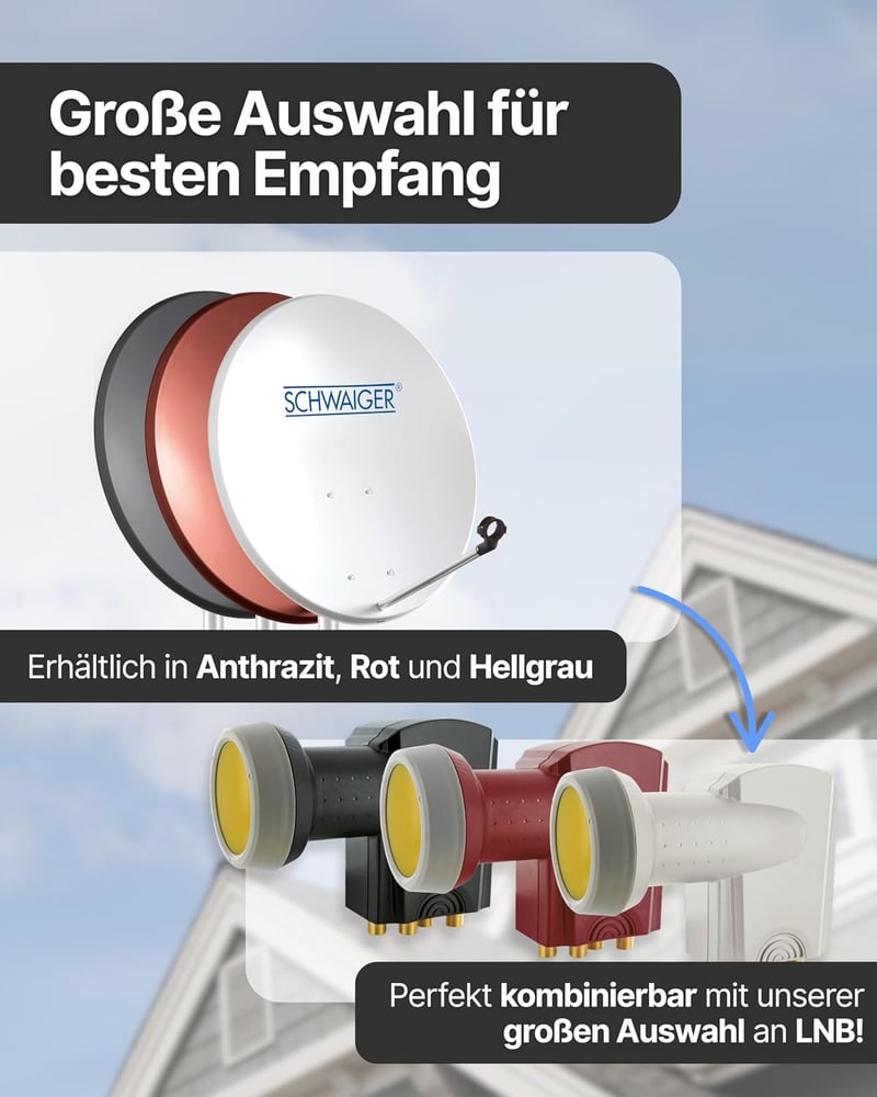 SCHWAIGER 80 cm acél offset műholdas antenna multifeed világosszürke LNB tartó karral és oszlopbilinccsel 38,5 dB
