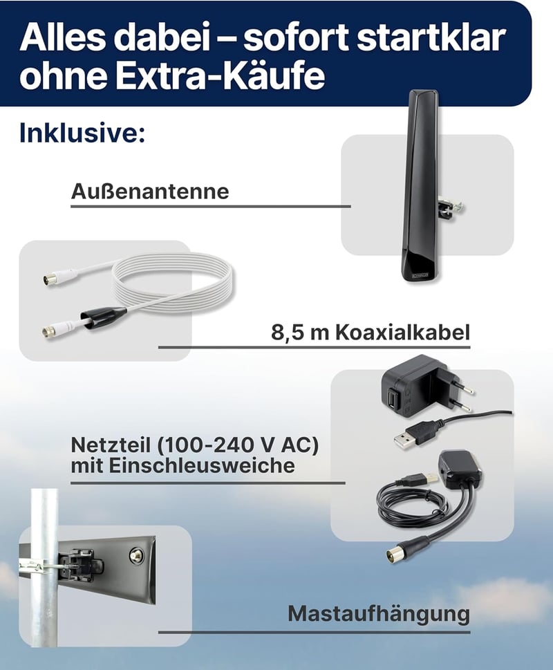 SCHWAIGER aktív kültéri antenna DVB-T2 DAB+ erősítővel, időjárásálló