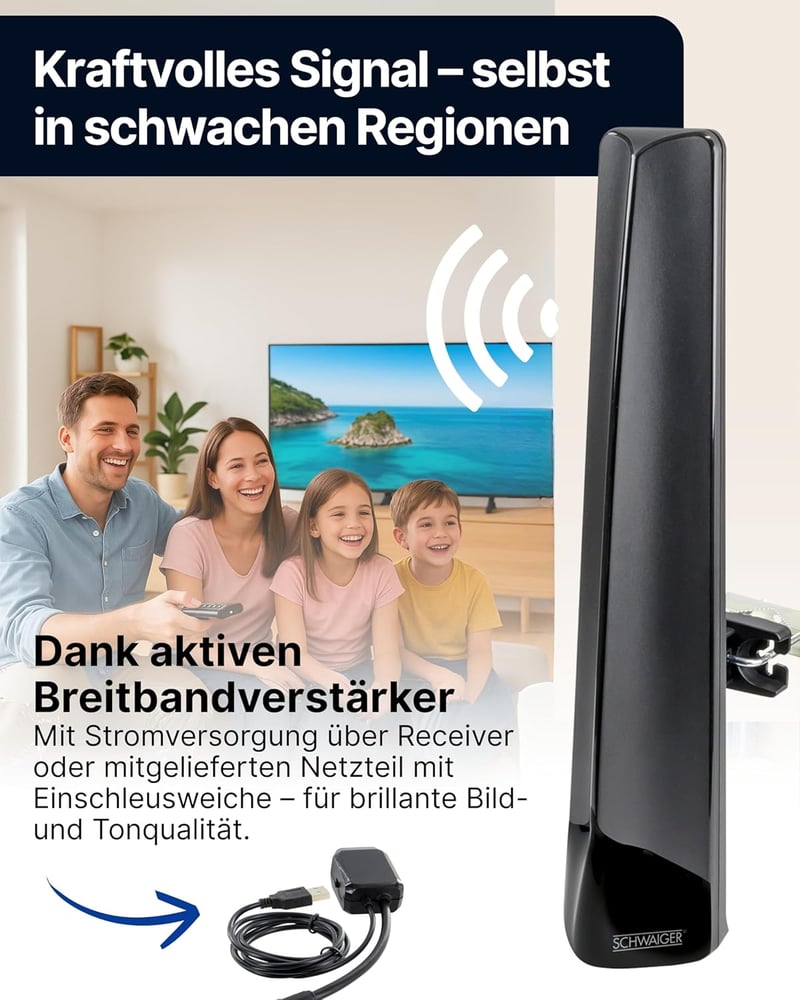 SCHWAIGER aktív kültéri antenna DVB-T2 DAB+ erősítővel, időjárásálló