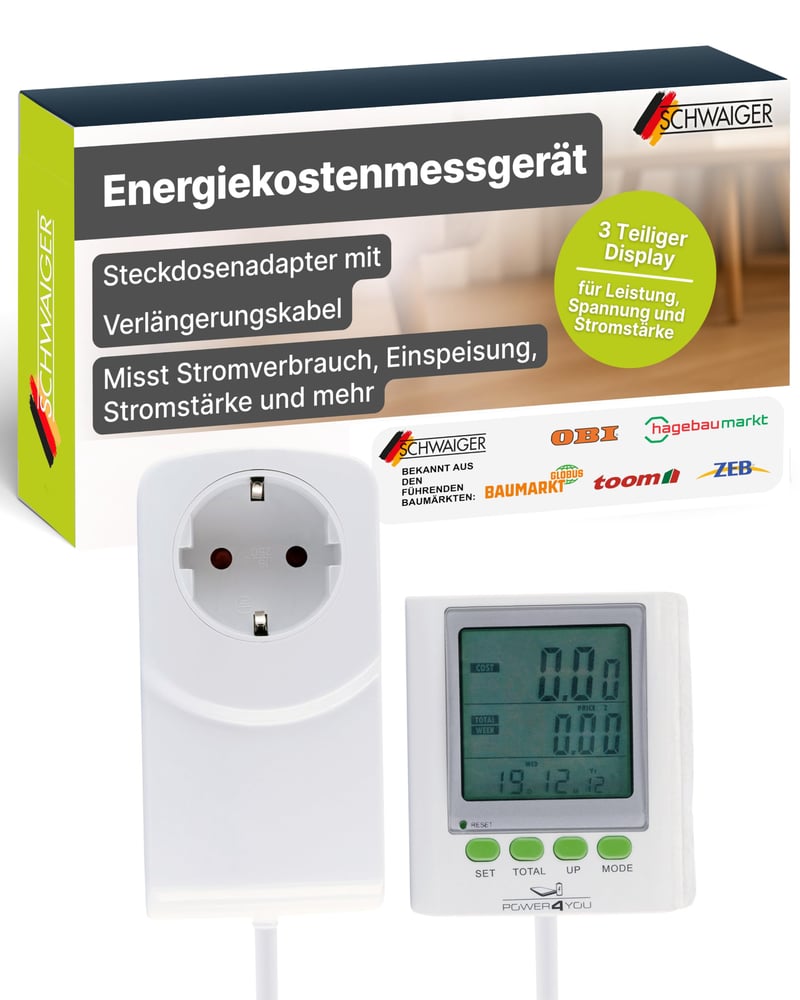 Schwaiger Merač nákladov na energiu a spotreby s veľkým displejom, meranie napätia, CO2 a prúdu, s predlžovacím káblom