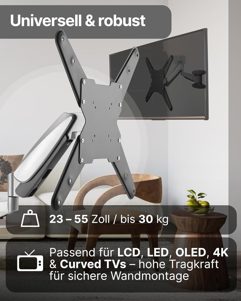 SCHWAIGER Full Motion TV fali tartó 23-55 hüvelyk, dönthető, forgatható, magasságállítható, kábelvezetővel, lapos TV-hez, szerelő készlettel