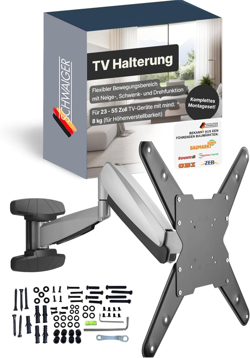 SCHWAIGER Full Motion TV fali tartó 23-55 hüvelyk, dönthető, forgatható, magasságállítható, kábelvezetővel, lapos TV-hez, szerelő készlettel
