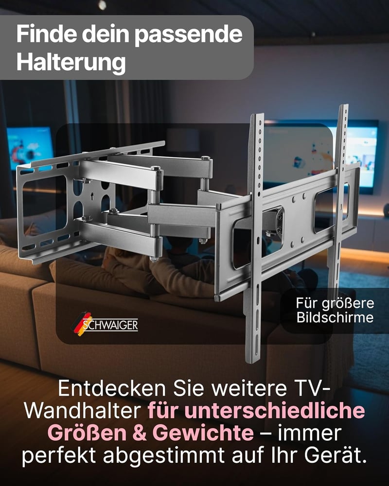 SCHWAIGER Full Motion TV fali tartó 23-55 hüvelyk, dönthető, forgatható, magasságállítható, kábelvezetővel, lapos TV-hez, szerelő készlettel