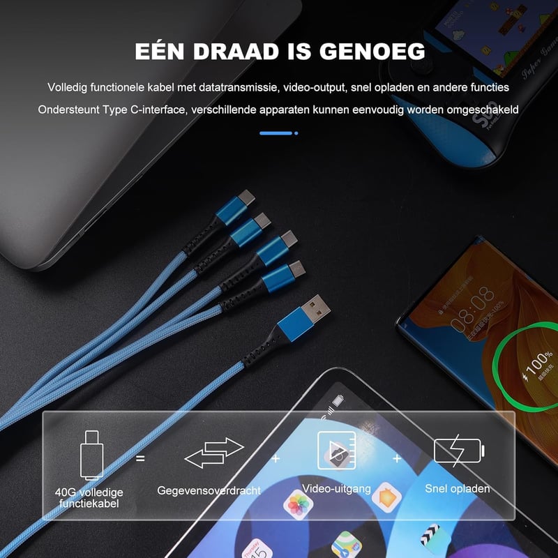 SDBAUX 4az1-ben USB-C töltőkábel 1.2M QC 3.0 gyorstöltés iPhone Samsung iPad