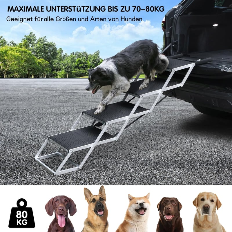 SDLDEER 4 lépcsős kutyalépcső autóhoz, összecsukható kutyarámpa, magasságállítható, max 80 kg, minden járműhöz