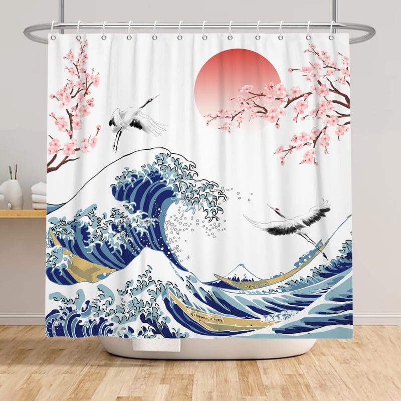 Sprchový záves SDOTPMT 180x198 cm s motívom obrovskej vlny, ázijských čerešňových kvetov, tušovej maľby, divých husí a krajinky, dekorácia do kúpeľne, nepremokavá tkanina, s krúžkami