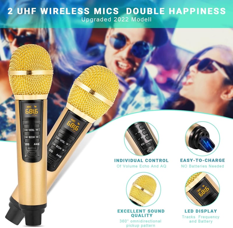 SDRD Bluetooth Karaoke Rendszer 2 Vezeték Nélküli Mikrofonnal, 200W Hordozható Hangszóró, USB/TF/AUX Bemenet, Otthoni és Kültéri Bulikhoz