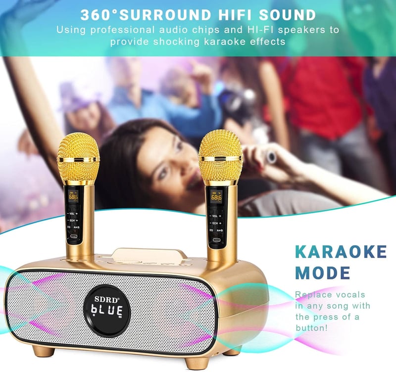 SDRD Bluetooth Karaoke Rendszer 2 Vezeték Nélküli Mikrofonnal, 200W Hordozható Hangszóró, USB/TF/AUX Bemenet, Otthoni és Kültéri Bulikhoz
