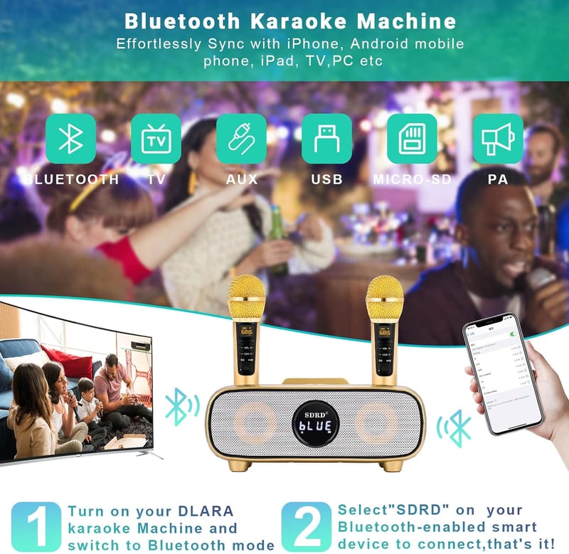 SDRD Bluetooth Karaoke Rendszer 2 Vezeték Nélküli Mikrofonnal, 200W Hordozható Hangszóró, USB/TF/AUX Bemenet, Otthoni és Kültéri Bulikhoz