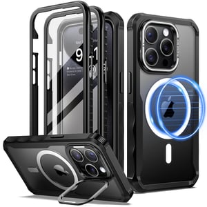 seacosmo maska za iPhone 15 Pro Max, kompatibilna s MagSafeom, 360 stupnjeva maska otporna na udarce s metalnim stalkom, uključuje 2 zaštitna stakla za zaslon, crna