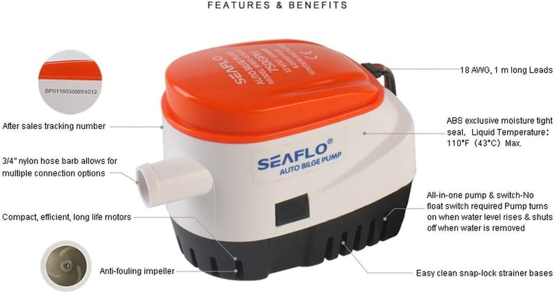 SEAFLO 12V Automata Merülő Fenékvíz Szivattyú 750GPH Úszókapcsolóval - Hajókhoz, Csónakokhoz, Lakóautókhoz - 2,5m Emelési Magasság - Orange, bilge, Plastic