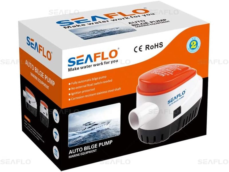 SEAFLO 12V Automata Merülő Fenékvíz Szivattyú 750GPH Úszókapcsolóval - Hajókhoz, Csónakokhoz, Lakóautókhoz - 2,5m Emelési Magasság - Orange, bilge, Plastic