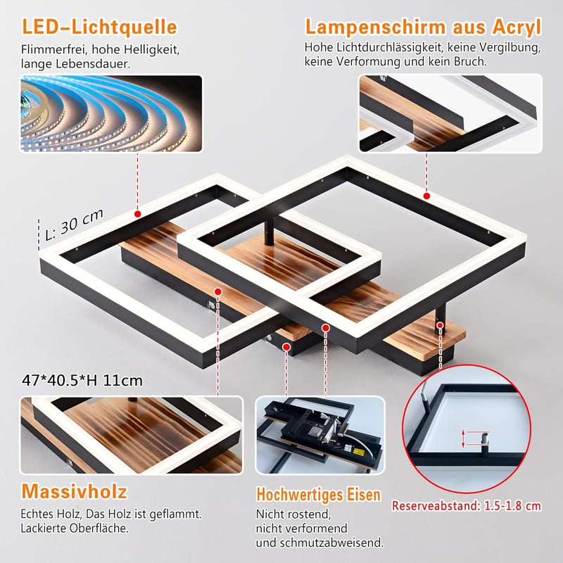 SEATAIN LED Mennyezeti Lámpa Fa Kerettel Dimmelhető Távirányítóval 47cm - Black